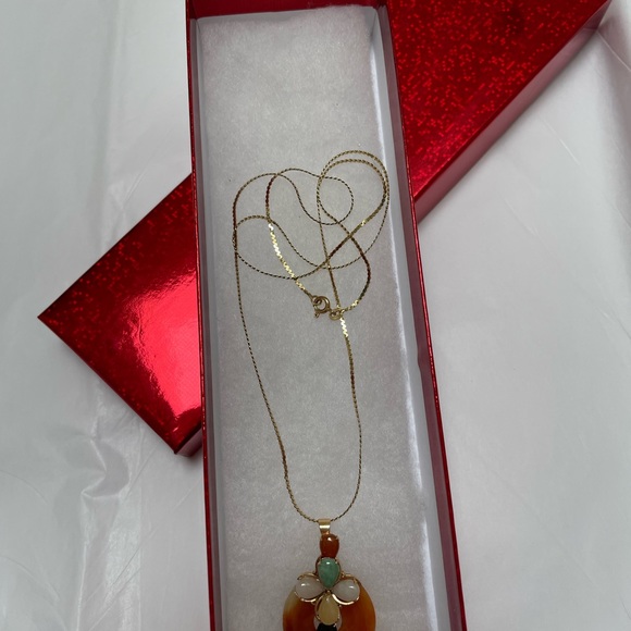14k 585 GOLD ITALY MULTICOLOR JADE ONYX DISC FLOWER PENDANT NECKLACE 21 3/4CHAIN - Picture 12 of 15